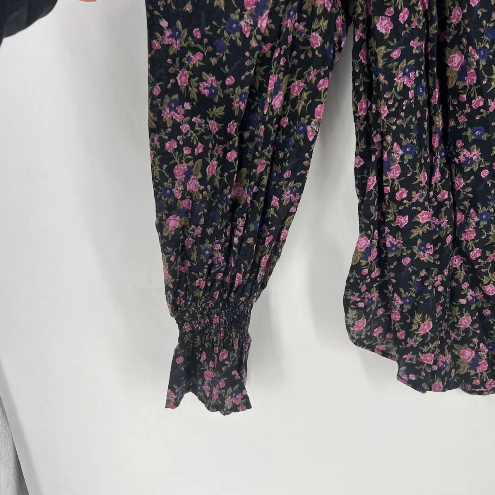 Free People Meant To Be Black Floral Print‎ Full Mutton Sleeve Peasant Blouse M